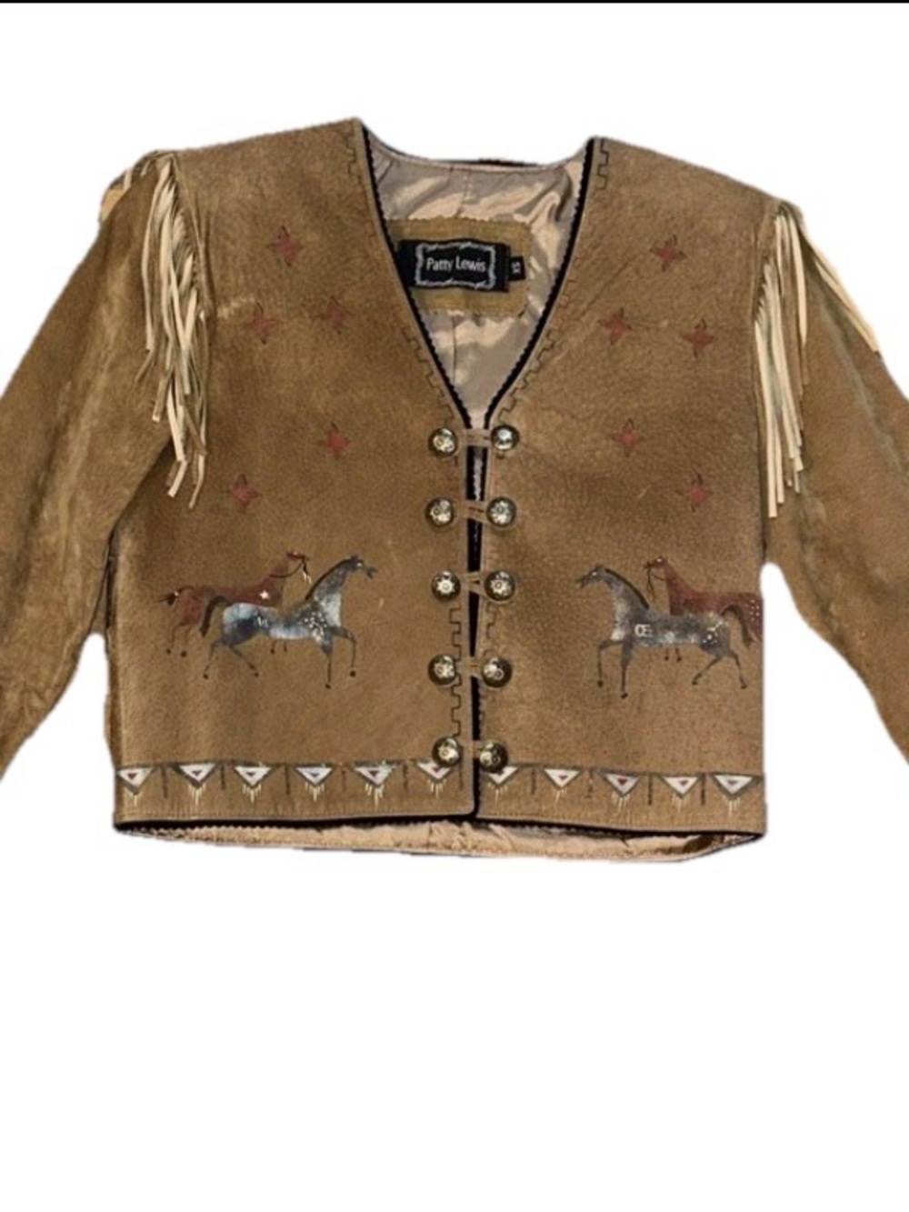 VTG Patty Lewis Western Hand Painted Suede Fringed Horse Jacket Sz XS
